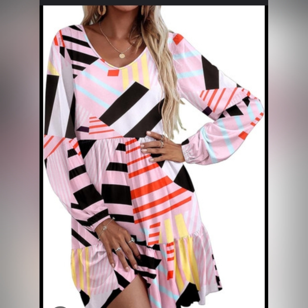 Colorful, Geometric Patterned, Long Sleeve Dress. Size XL.